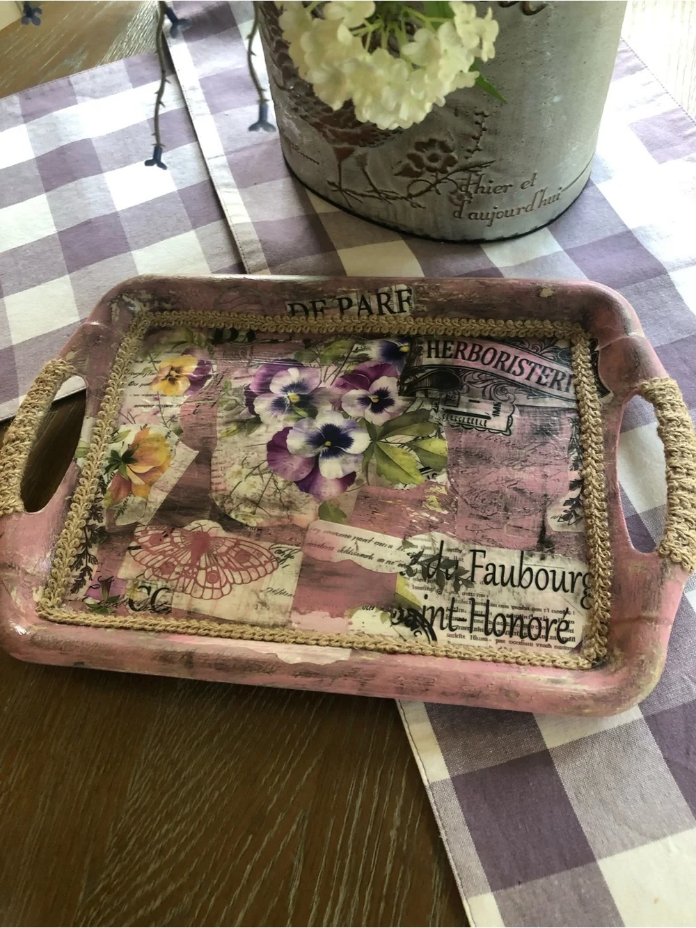 Pink Floral Decorative Vanity Tray with Rope Handles